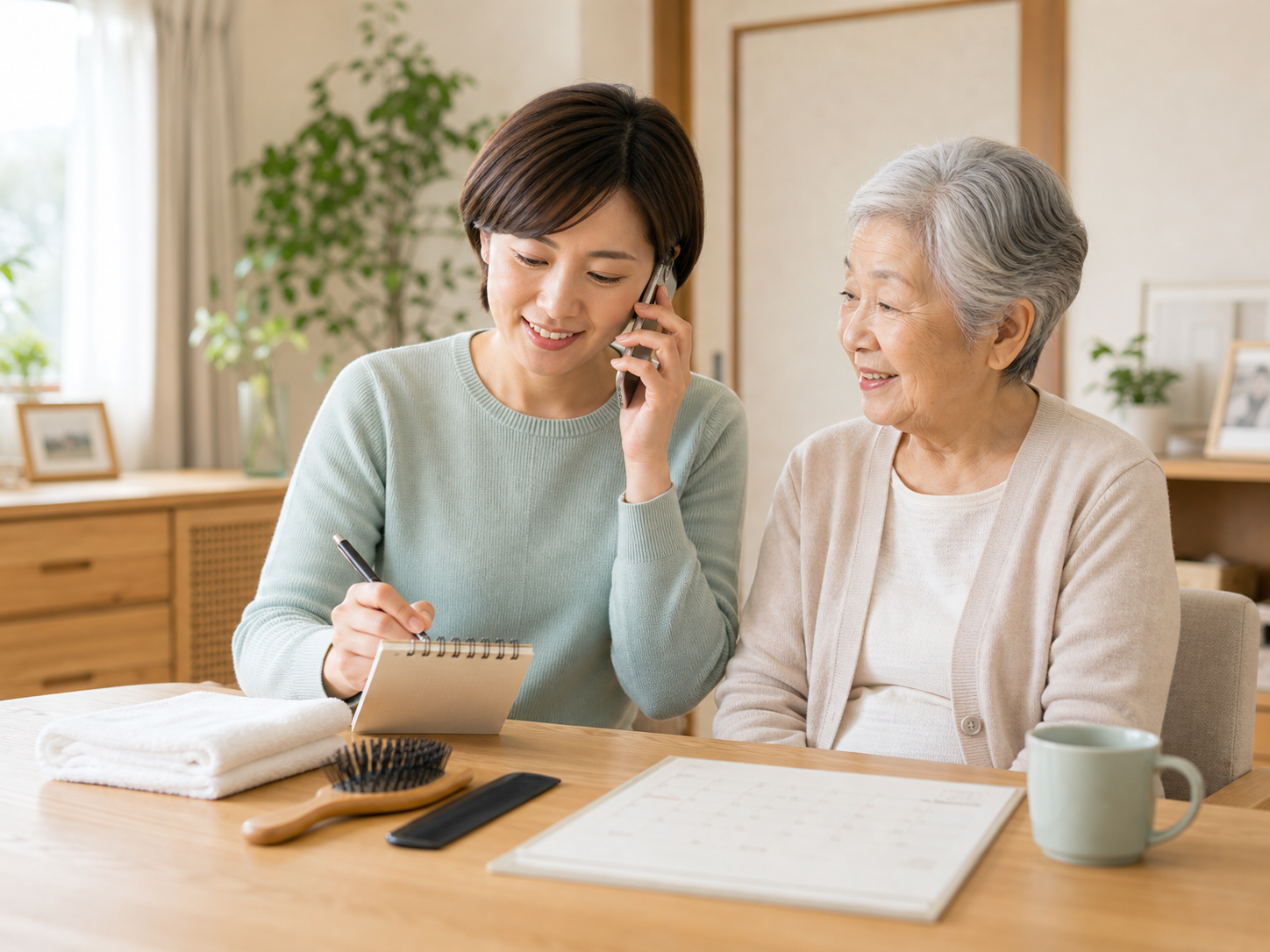 家族が訪問美容の予約電話をしながら確認している様子